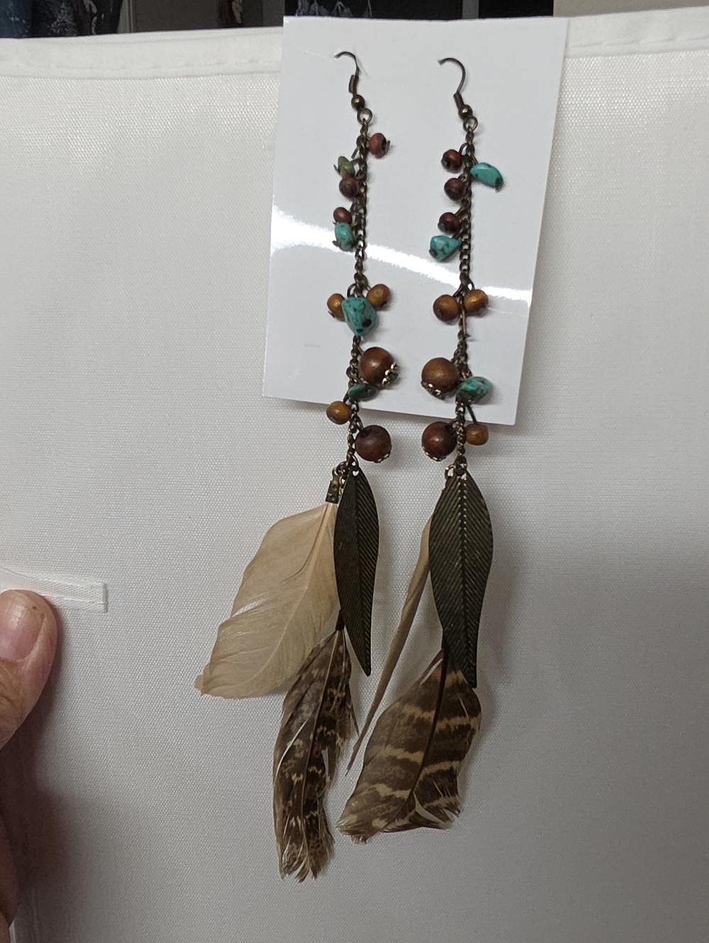 Bohemian Turquoise and Brown Feather Dangle Earrings